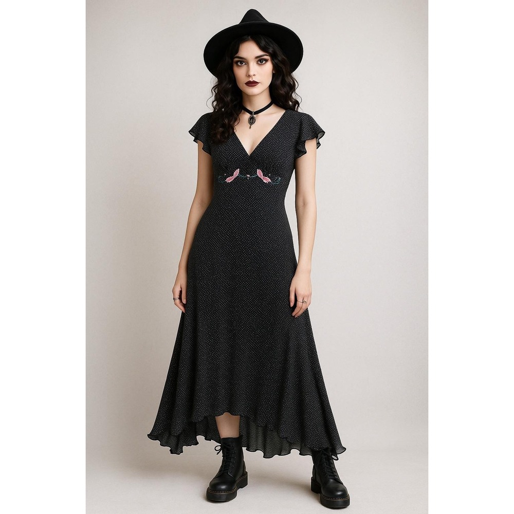 Y2K Jonathan Martin Babydoll Dress Women 12 Black Butterfly Polka Dot Asymmetric - Picture 3 of 16
